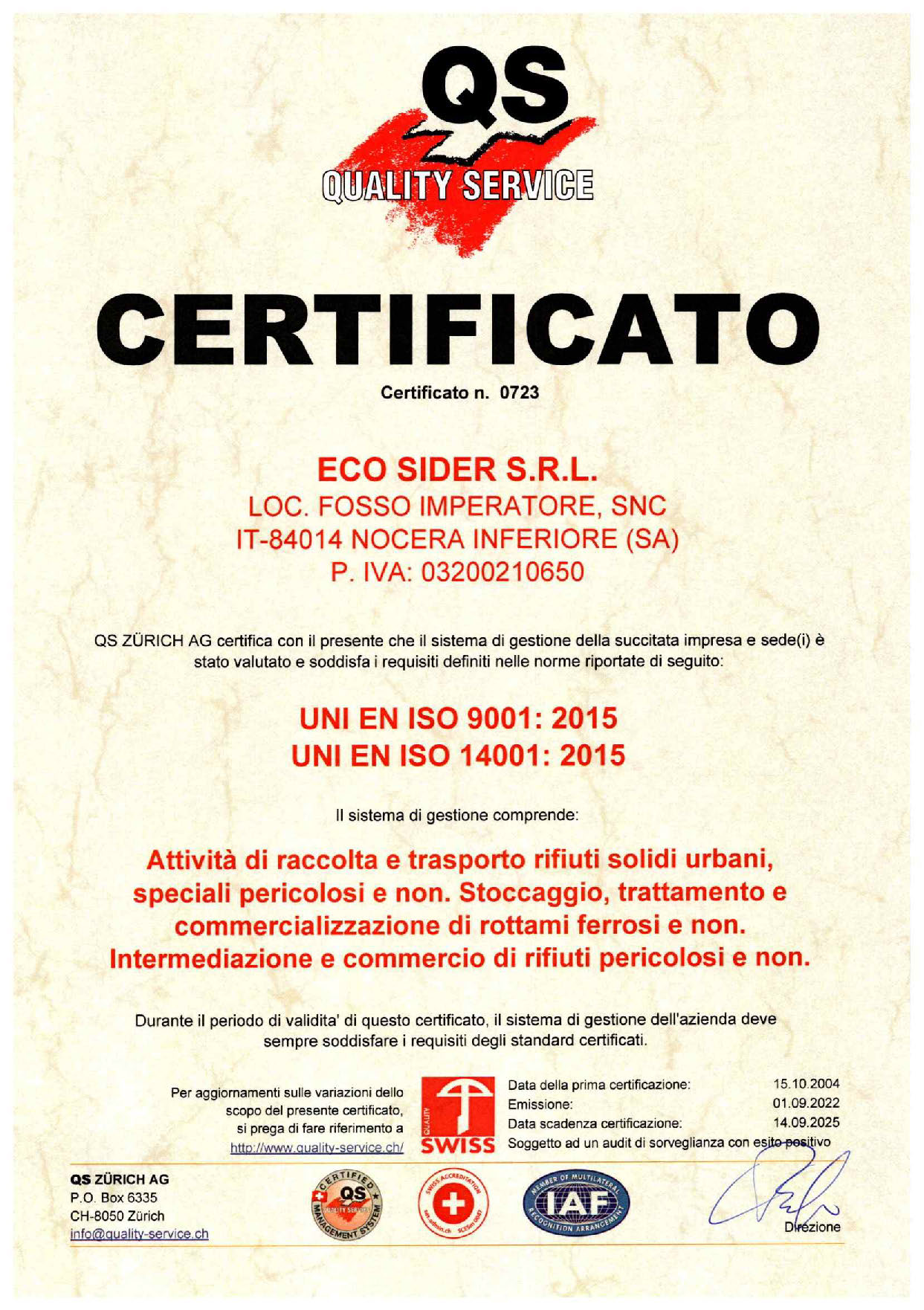 Eco Sider Srl Certificato ISO 9001 14001 scad. 14.09.25qualità